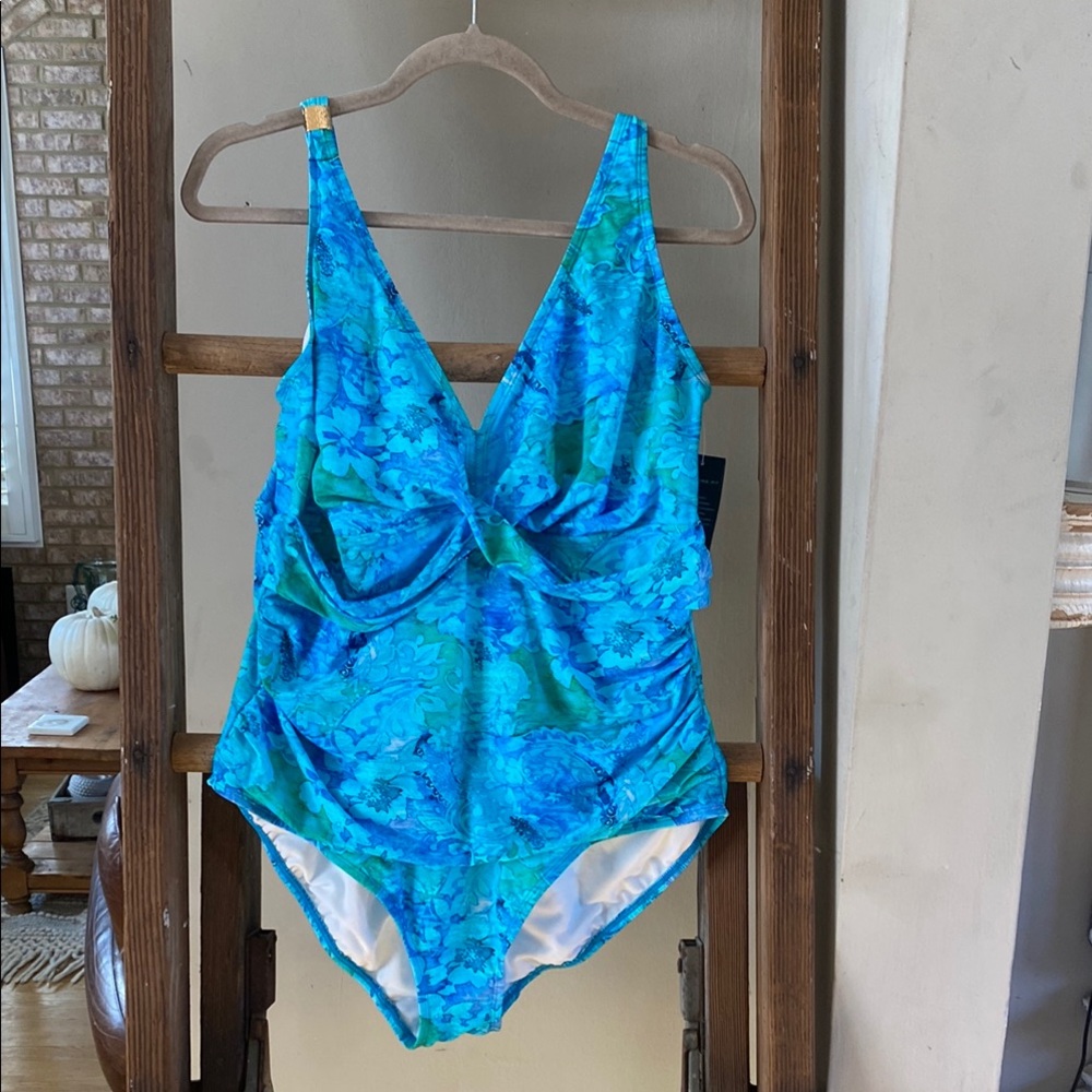 LAUREN Ralph Lauren SLIMMING FIT ONE PIECE BATHING SUIT BLUE 18 W NEW